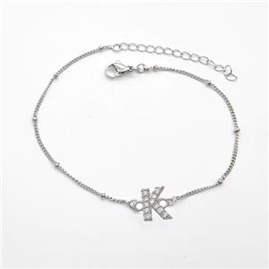 Copper Bracelet With Letter-K Pave Zirconia Platinum Plated, approx 6-9mm, 19-24cm length