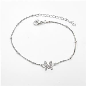 Copper Bracelet With Letter-M Pave Zirconia Platinum Plated, approx 6-9mm, 19-24cm length