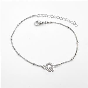 Copper Bracelet With Letter-Q Pave Zirconia Platinum Plated, approx 6-9mm, 19-24cm length
