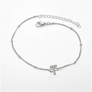 Copper Bracelet With Letter-T Pave Zirconia Platinum Plated, approx 6-9mm, 19-24cm length