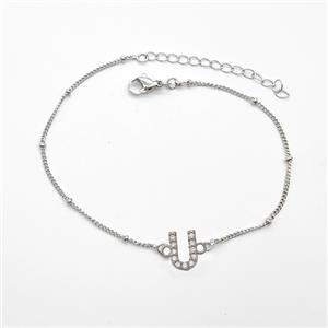 Copper Bracelet With Letter-U Pave Zirconia Platinum Plated, approx 6-9mm, 19-24cm length