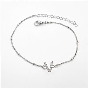 Copper Bracelet With Letter-V Pave Zirconia Platinum Plated, approx 6-9mm, 19-24cm length