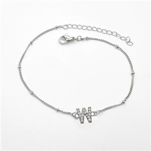 Copper Bracelet With Letter-W Pave Zirconia Platinum Plated, approx 6-9mm, 19-24cm length