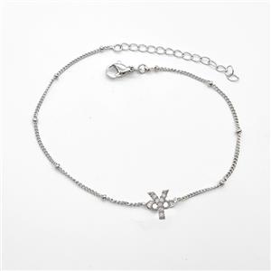 Copper Bracelet With Letter-Y Pave Zirconia Platinum Plated, approx 6-9mm, 19-24cm length