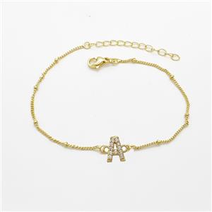 Copper Bracelet With Letter-A Pave Zirconia Gold Plated, approx 6-9mm, 19-24cm length