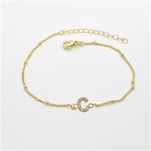Copper Bracelet With Letter-C Pave Zirconia Gold Plated, approx 6-9mm, 19-24cm length