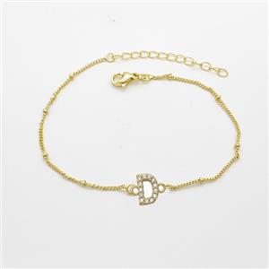 Copper Bracelet With Letter-D Pave Zirconia Gold Plated, approx 6-9mm, 19-24cm length
