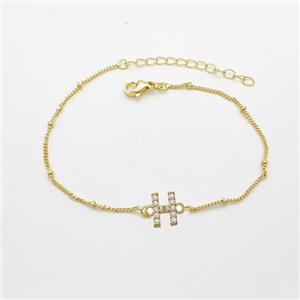 Copper Bracelet With Letter-H Pave Zirconia Gold Plated, approx 6-9mm, 19-24cm length