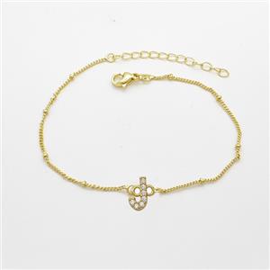 Copper Bracelet With Letter-J Pave Zirconia Gold Plated, approx 6-9mm, 19-24cm length