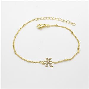 Copper Bracelet With Letter-K Pave Zirconia Gold Plated, approx 6-9mm, 19-24cm length