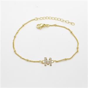 Copper Bracelet With Letter-M Pave Zirconia Gold Plated, approx 6-9mm, 19-24cm length