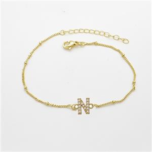 Copper Bracelet With Letter-N Pave Zirconia Gold Plated, approx 6-9mm, 19-24cm length