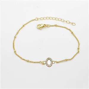 Copper Bracelet With Letter-O Pave Zirconia Gold Plated, approx 6-9mm, 19-24cm length