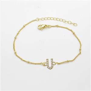 Copper Bracelet With Letter-U Pave Zirconia Gold Plated, approx 6-9mm, 19-24cm length