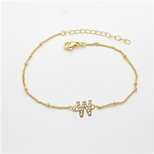 Copper Bracelet With Letter-W Pave Zirconia Gold Plated, approx 6-9mm, 19-24cm length