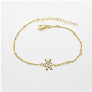 Copper Bracelet With Letter-X Pave Zirconia Gold Plated, approx 6-9mm, 19-24cm length