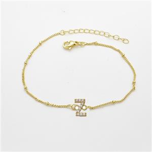 Copper Bracelet With Letter-Z Pave Zirconia Gold Plated, approx 6-9mm, 19-24cm length