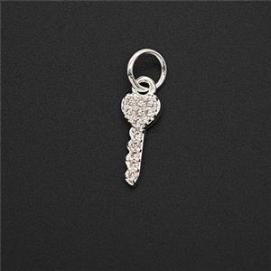 Copper Key Pendant Pave Zirconia Shiny Silver, approx 4.5-11mm