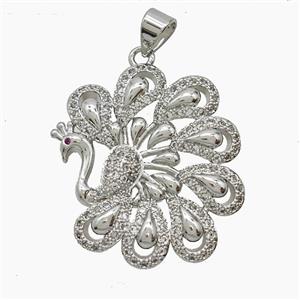 Copper Peacock Pendant Pave Zirconia Platinum Plated, approx 25-27mm