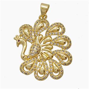Copper Peacock Pendant Pave Zirconia 18K Gold Plated, approx 25-27mm