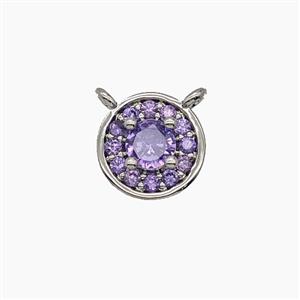 Copper Circle Pendant Pave Zirconia Purple Crystal Glass 2loops Platinum Plated, approx 8.5mm