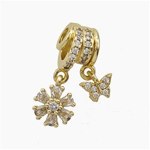 Copper Flower Butterfly Pendant Pave Zirconia Gold Plated, approx 6mm, 8mm, 10mm, 3mm hole