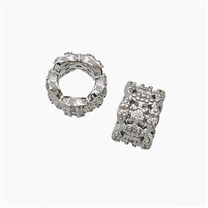 Copper Tube Beads Pave Zirconia Large Hole Platinum Plated, approx 8mm, 4mm hole