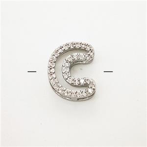 Copper Letter-C Beads Pave Zirconia Platinum Plated, approx 7-11mm