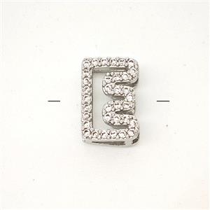 Copper Letter-E Beads Pave Zirconia Platinum Plated, approx 7-11mm