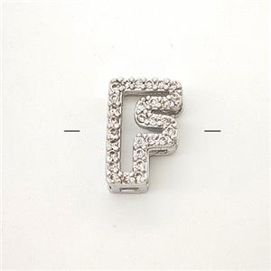 Copper Letter-F Beads Pave Zirconia Platinum Plated, approx 7-11mm