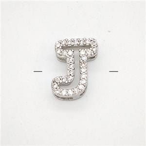 Copper Letter-J Beads Pave Zirconia Platinum Plated, approx 7-11mm