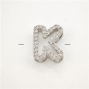 Copper Letter-K Beads Pave Zirconia Platinum Plated, approx 7-11mm