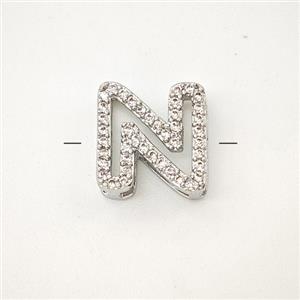 Copper Letter-N Beads Pave Zirconia Platinum Plated, approx 7-11mm