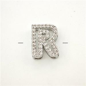 Copper Letter-R Beads Pave Zirconia Platinum Plated, approx 7-11mm