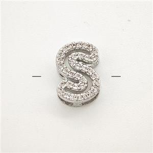 Copper Letter-S Beads Pave Zirconia Platinum Plated, approx 7-11mm