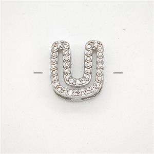 Copper Letter-U Beads Pave Zirconia Platinum Plated, approx 7-11mm