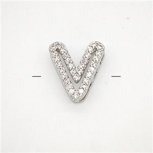Copper Letter-V Beads Pave Zirconia Platinum Plated, approx 7-11mm