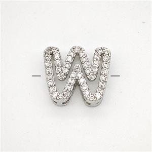 Copper Letter-W Beads Pave Zirconia Platinum Plated, approx 7-11mm