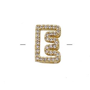 Copper Letter-E Beads Pave Zirconia Gold Plated, approx 7-11mm