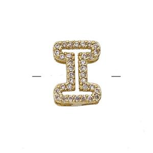 Copper Letter-I Beads Pave Zirconia Gold Plated, approx 7-11mm