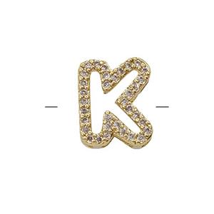 Copper Letter-K Beads Pave Zirconia Gold Plated, approx 7-11mm