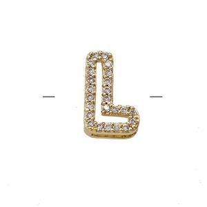 Copper Letter-L Beads Pave Zirconia Gold Plated, approx 7-11mm