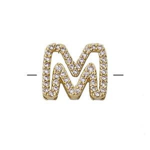 Copper Letter-M Beads Pave Zirconia Gold Plated, approx 7-11mm