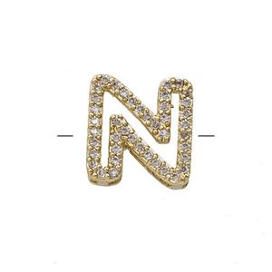 Copper Letter-N Beads Pave Zirconia Gold Plated, approx 7-11mm