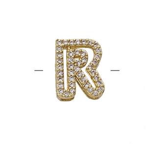 Copper Letter-R Beads Pave Zirconia Gold Plated, approx 7-11mm