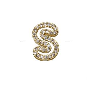Copper Letter-S Beads Pave Zirconia Gold Plated, approx 7-11mm