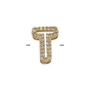 Copper Letter-T Beads Pave Zirconia Gold Plated, approx 7-11mm