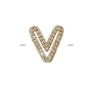 Copper Letter-V Beads Pave Zirconia Gold Plated, approx 7-11mm