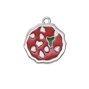 Copper Pizza Pendant Sweet Heart Red Enamel Platinum Plated, approx 15mm