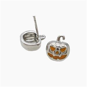 Halloween Pumpkin Copper Stud Earrings Enamel Platinum Plated, approx 10-11mm